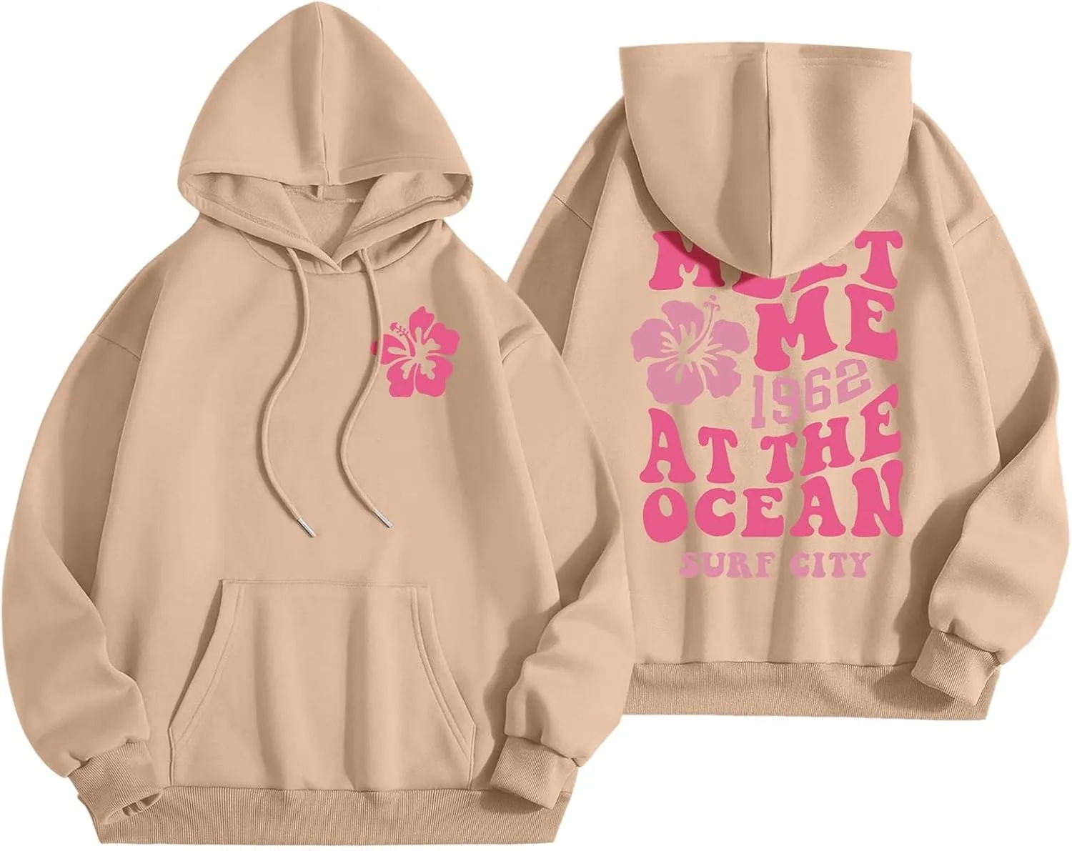Meet Me at The Ocean Graphic Hoodie For Women Trendy Letter Printed Long Sleeve Hoodie Oversized Casual Pullover Tops