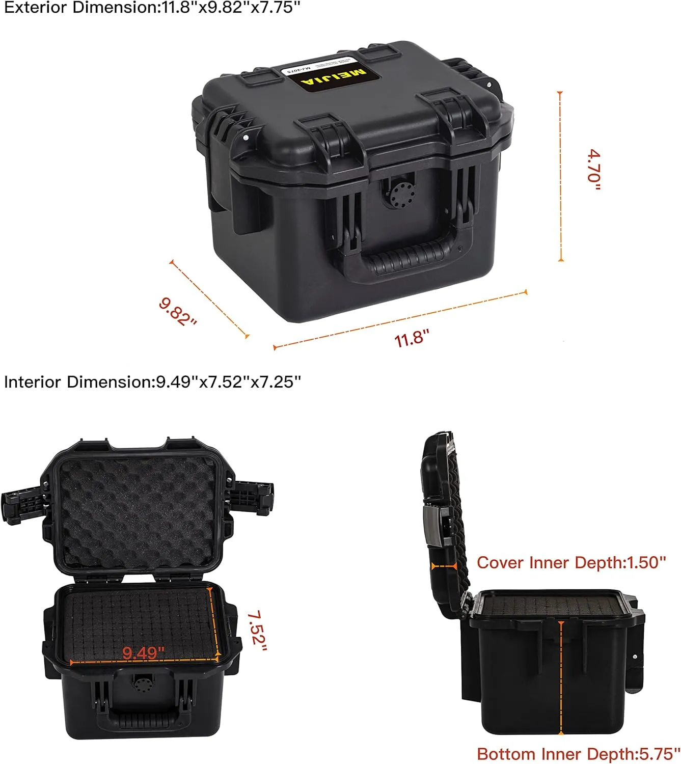 MEIJIA Premium Waterproof Hard Compact Camera Case with customizable fit foam,Full Protection with Light&Convenient Design,11.8"x9.82"x7.75",Elegant Black