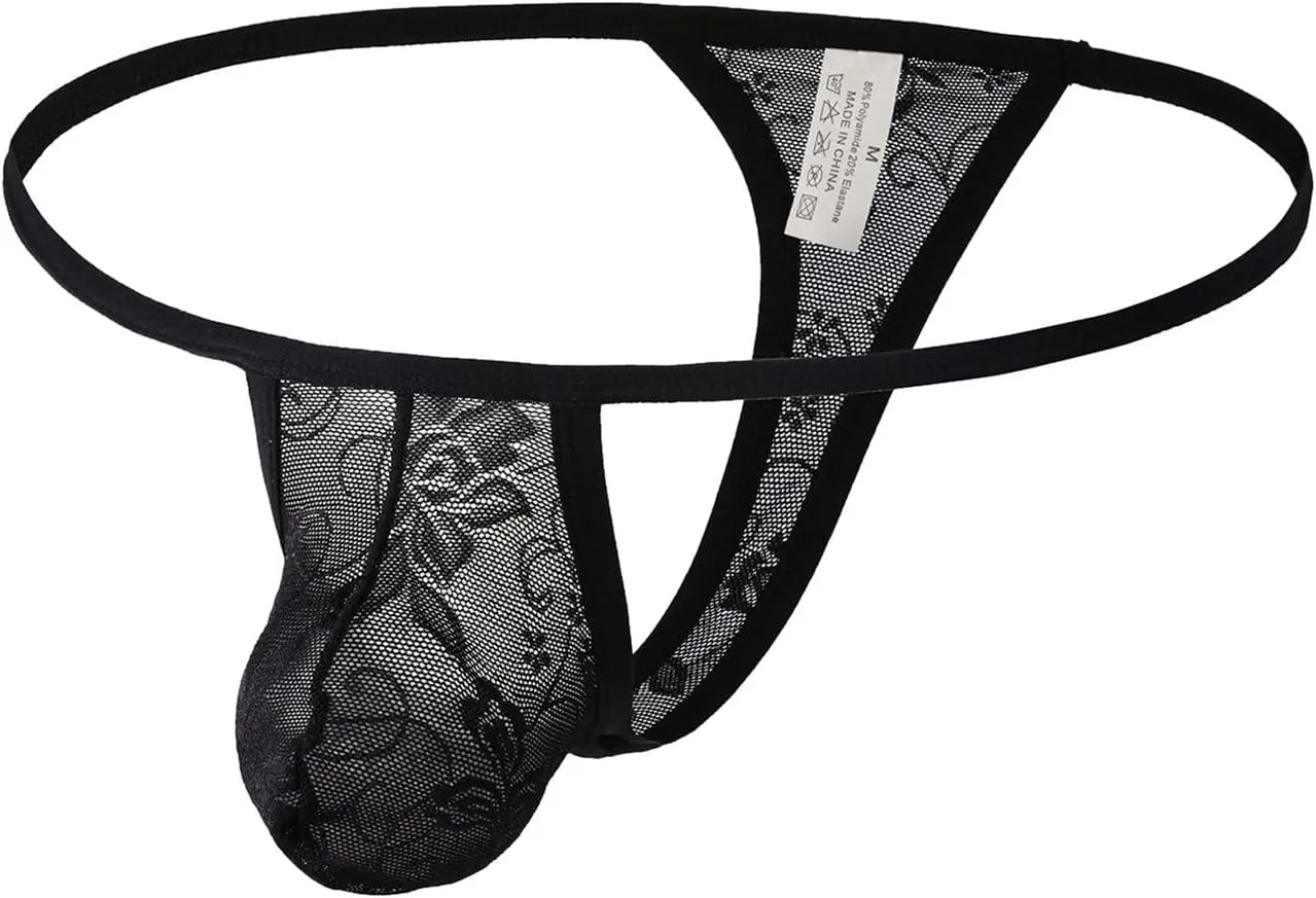 Men Lace Thong Underwear Funny Gay Bulge Pouch Briefs Jockstraps Erotic G Strings Low Waist Hole in Front Nightwear