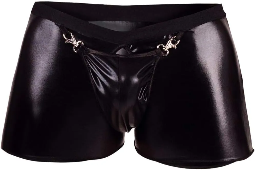 Men's Boxer Briefs with Faux Leather Low Rise Hollow Out Removable Pouch Underwear Shorts Butt-Flaunting Sexy Underpants