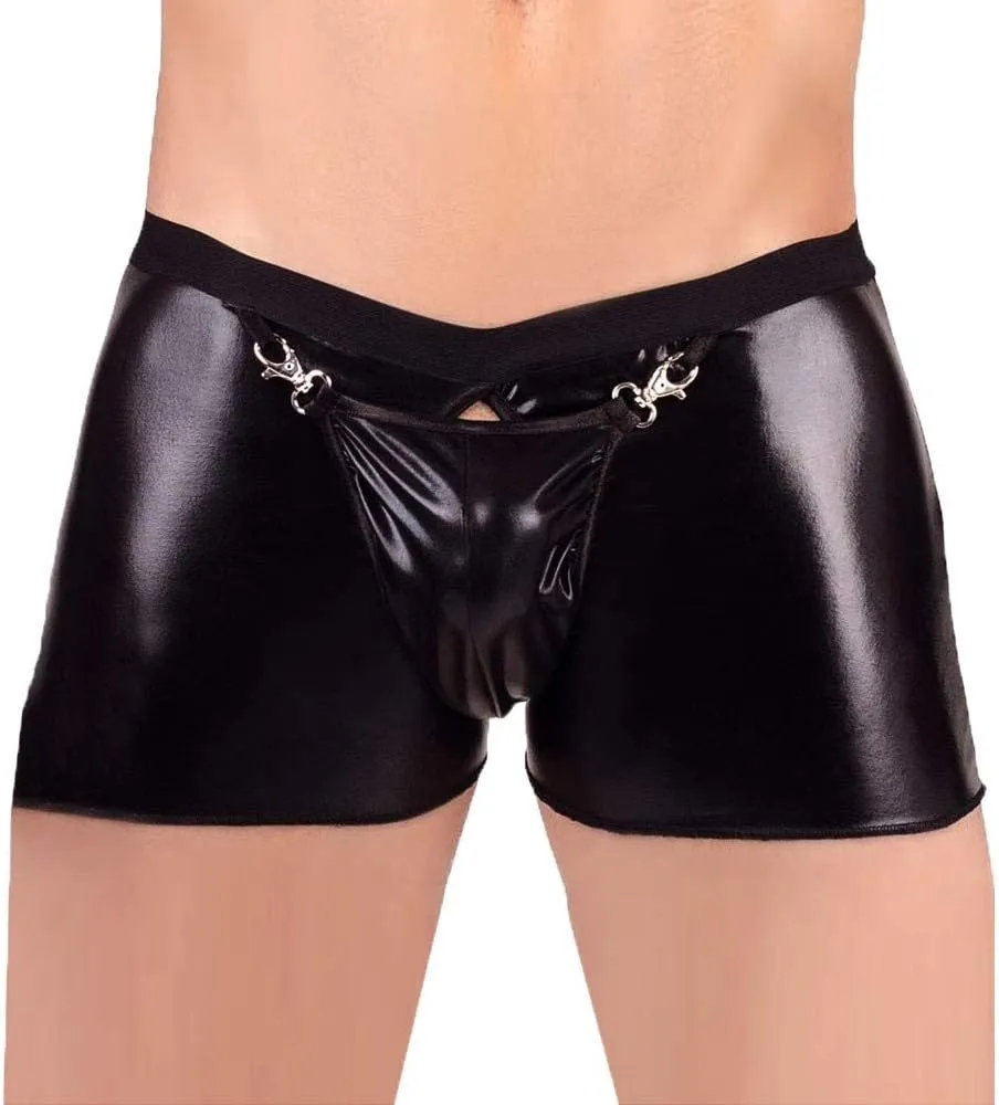 Men's Boxer Briefs with Faux Leather Low Rise Hollow Out Removable Pouch Underwear Shorts Butt-Flaunting Sexy Underpants