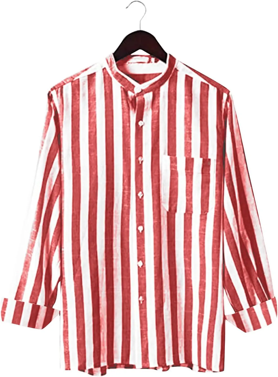 Men'S Casual Stylish Long Sleeve Button-Up Striped Dress Shirts Cotton Linen Vocation Beach Shirt