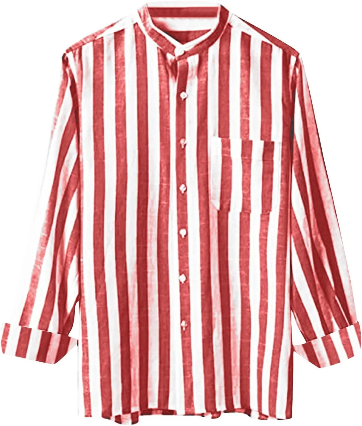 Men'S Casual Stylish Long Sleeve Button-Up Striped Dress Shirts Cotton Linen Vocation Beach Shirt