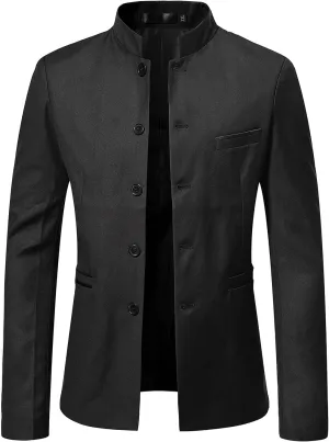 Men's Chinese Tunic Suits Mandarin Collar Formal Suit Jacket Solid Slim Fit Front Button Blazer Traditional Uniform