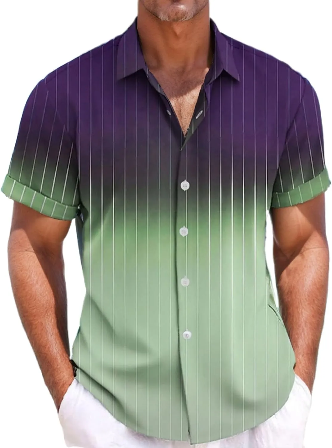 Men's Gradient Striped Cotton Linen Short-Sleeved Shirt Six-Button Cardigan Hawaiian Style Beach Short Shirt