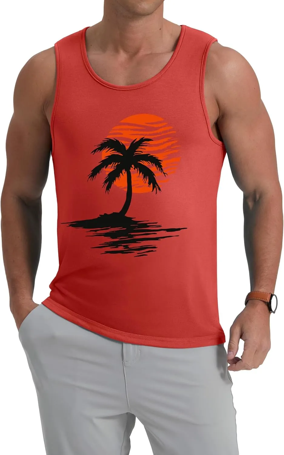 Mens Graphic Tank Tops Crewneck Gym Muscle Beach Hawaii Sleeveless Shirts