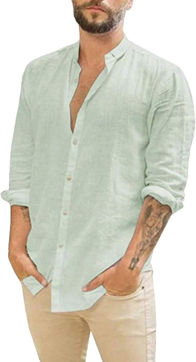 Men's Linen Shirt Button Down Long Sleeve Cotton Beach Collar Casual Mens Beach Summer Shirt