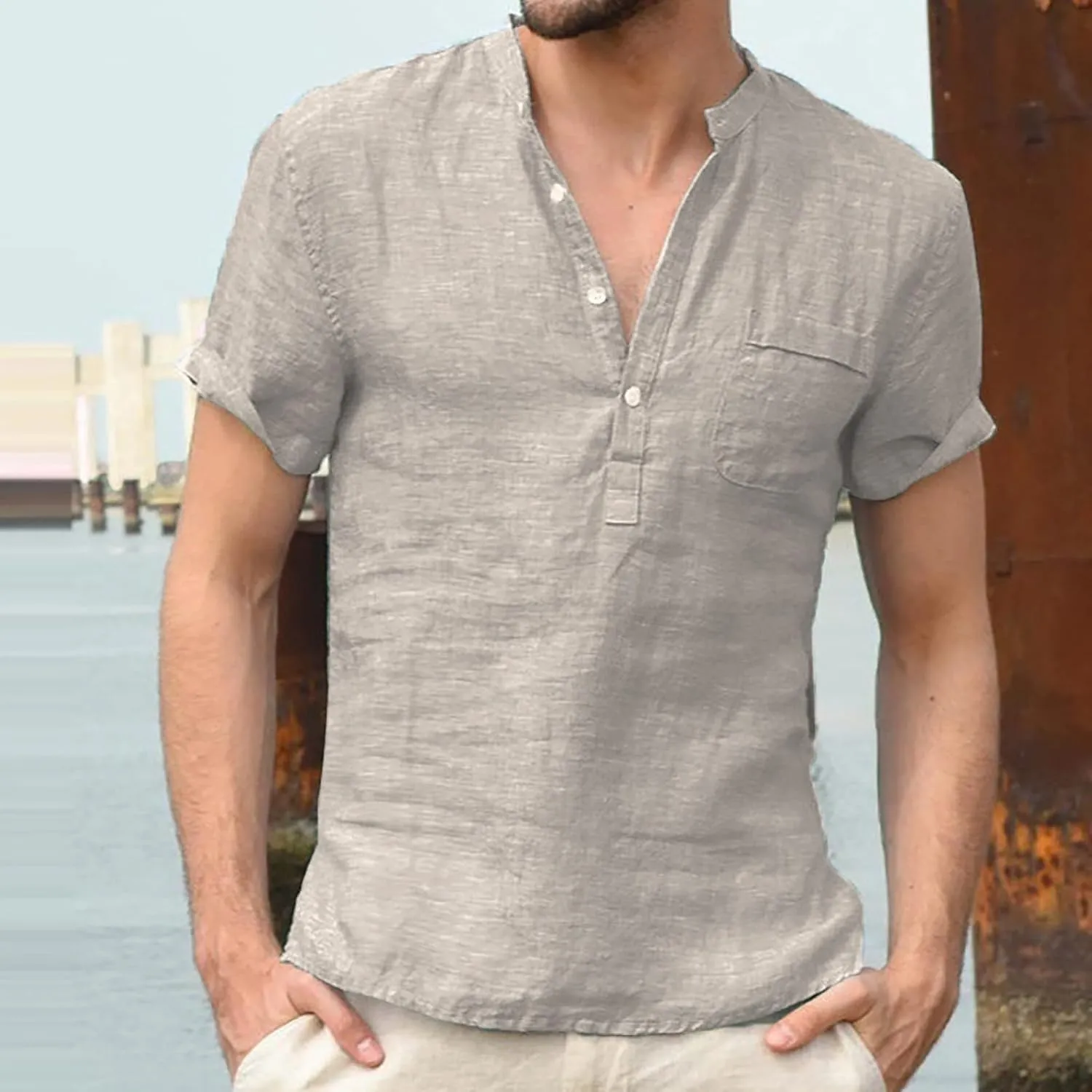 Men's Linen Shirts V Neck Button Short Sleeve Henley Shirt Vintage Wash Cotton Lightweight Loose Summer Beach Tees