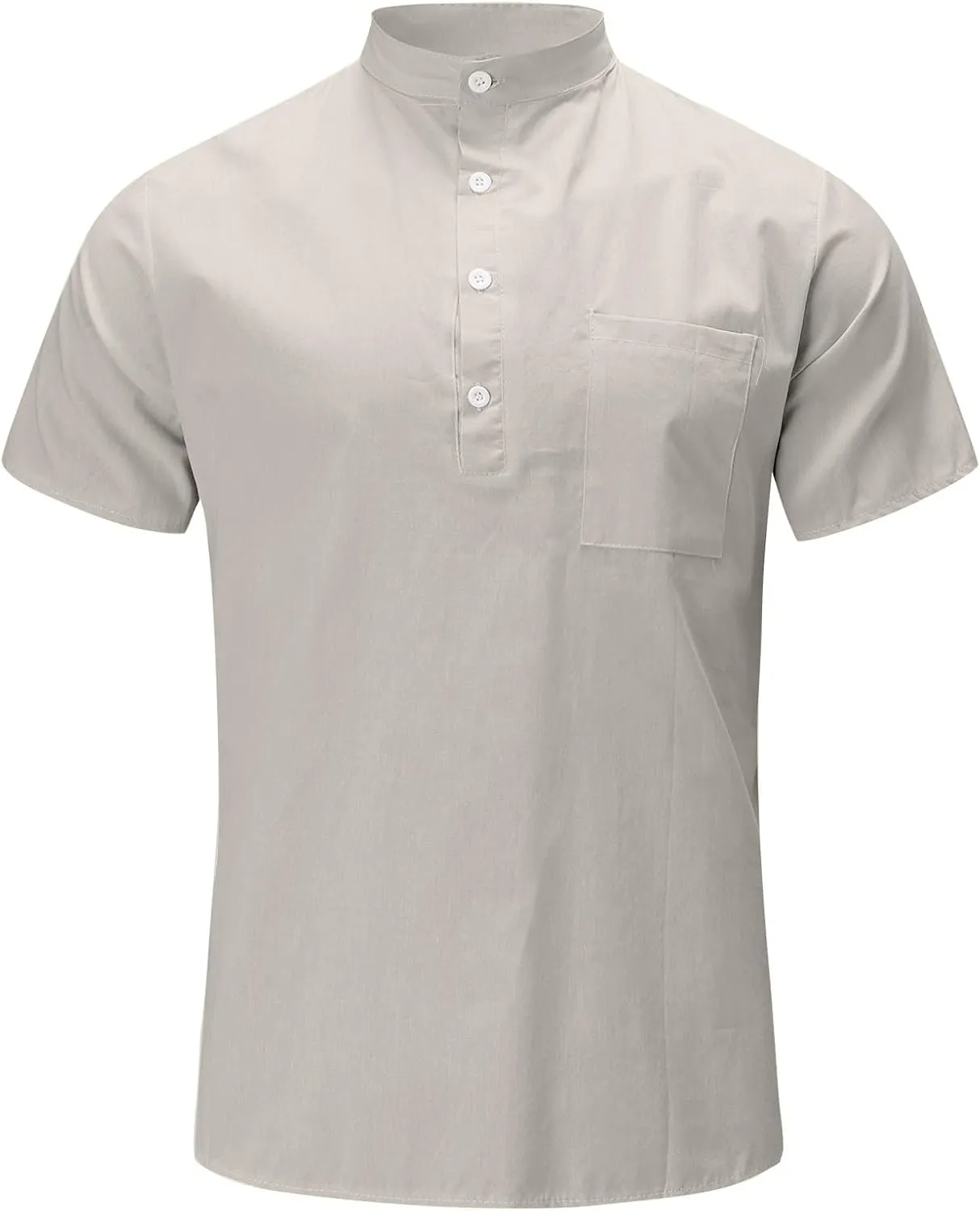 Men's Linen Shirts V Neck Button Short Sleeve Henley Shirt Vintage Wash Cotton Lightweight Loose Summer Beach Tees