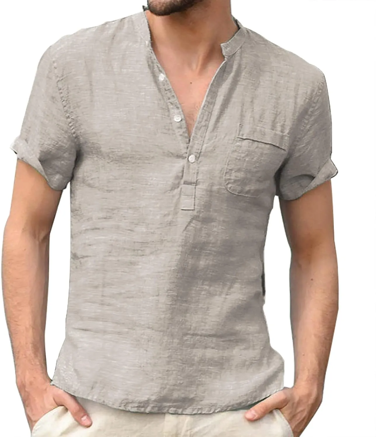Men's Linen Shirts V Neck Button Short Sleeve Henley Shirt Vintage Wash Cotton Lightweight Loose Summer Beach Tees