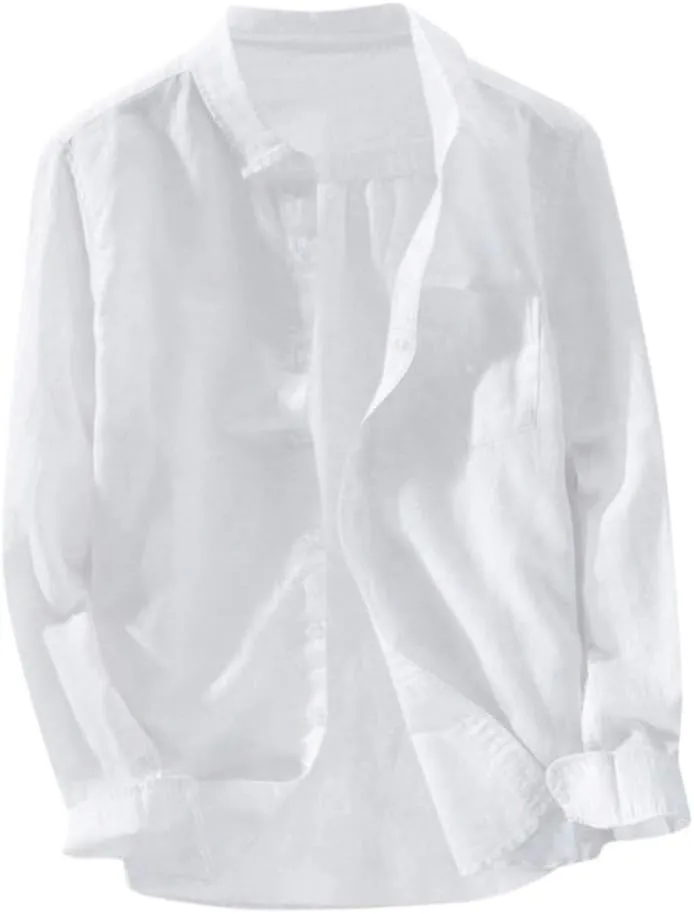 Mens Long Sleeve Linen Shirts Button Down Cotton Linen Blouses Summer Solid Beach Tee Henley Shirts