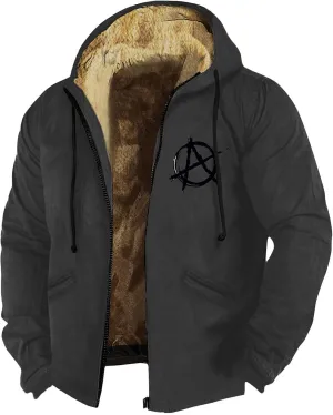 Men's Solid Color Flag Print Fleece Jacket Winter Casual Trend Zipper Hooded Coat Heavy Work Warm Outerwear