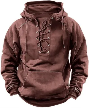 Mens Tactical Sweatshirts Lace Up Aztec Hooded Pullover Long Sleeve Cargo Workout Outdoor Hoodies with Pocket S-3XL