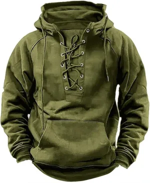 Mens Tactical Sweatshirts Lace Up Aztec Hooded Pullover Long Sleeve Cargo Workout Outdoor Hoodies with Pocket S-3XL