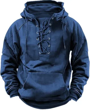 Mens Tactical Sweatshirts Lace Up Aztec Hooded Pullover Long Sleeve Cargo Workout Outdoor Hoodies with Pocket S-3XL
