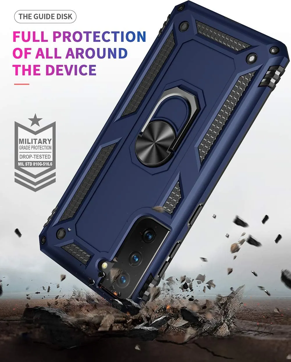 Military Grade Drop Impact Case for Samsung Galaxy S21 Plus 5G - 360 Metal Rotating Ring Kickstand Holder - Armor Heavy Duty Shockproof - Blue