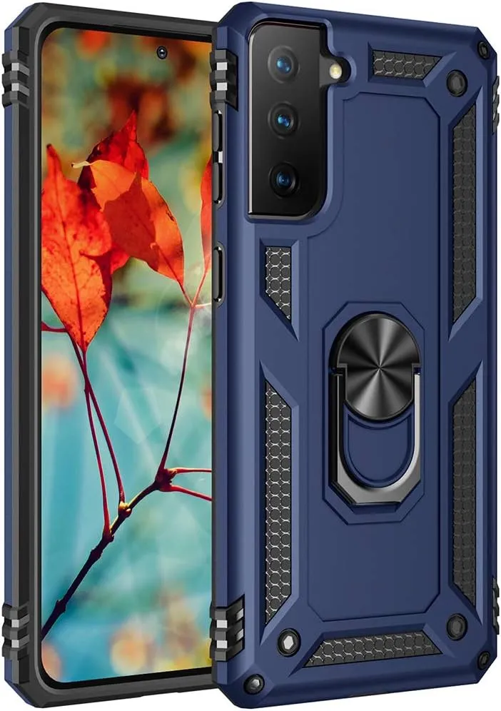 Military Grade Drop Impact Case for Samsung Galaxy S21 Plus 5G - 360 Metal Rotating Ring Kickstand Holder - Armor Heavy Duty Shockproof - Blue