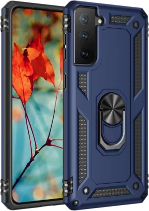 Military Grade Drop Impact Case for Samsung Galaxy S21 Plus 5G - 360 Metal Rotating Ring Kickstand Holder - Armor Heavy Duty Shockproof - Blue