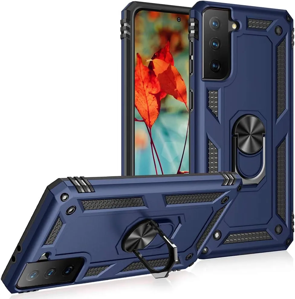 Military Grade Drop Impact Case for Samsung Galaxy S21 Plus 5G - 360 Metal Rotating Ring Kickstand Holder - Armor Heavy Duty Shockproof - Blue