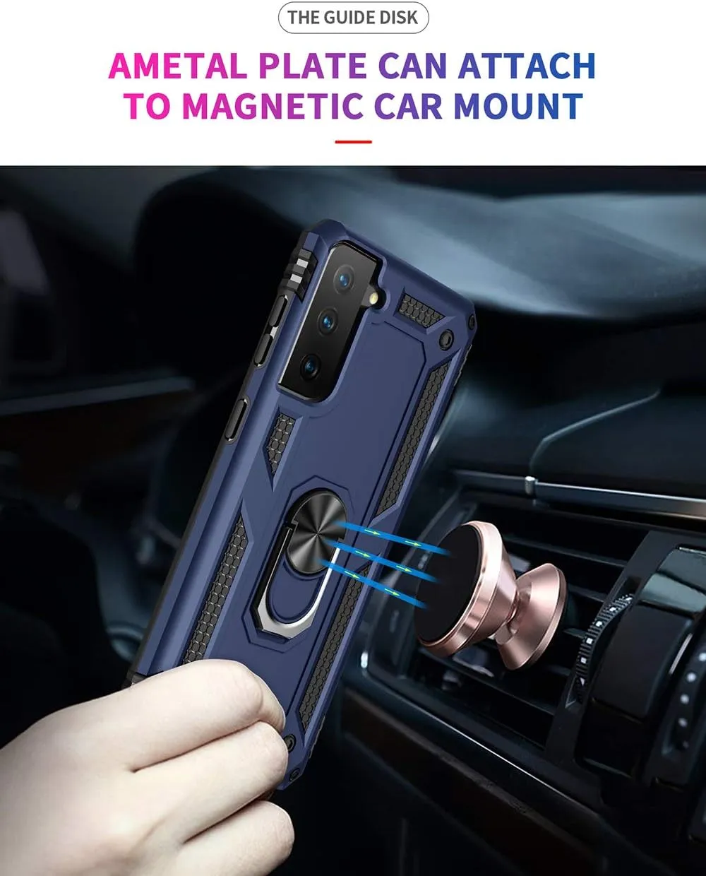 Military Grade Drop Impact Case for Samsung Galaxy S21 Plus 5G - 360 Metal Rotating Ring Kickstand Holder - Armor Heavy Duty Shockproof - Blue