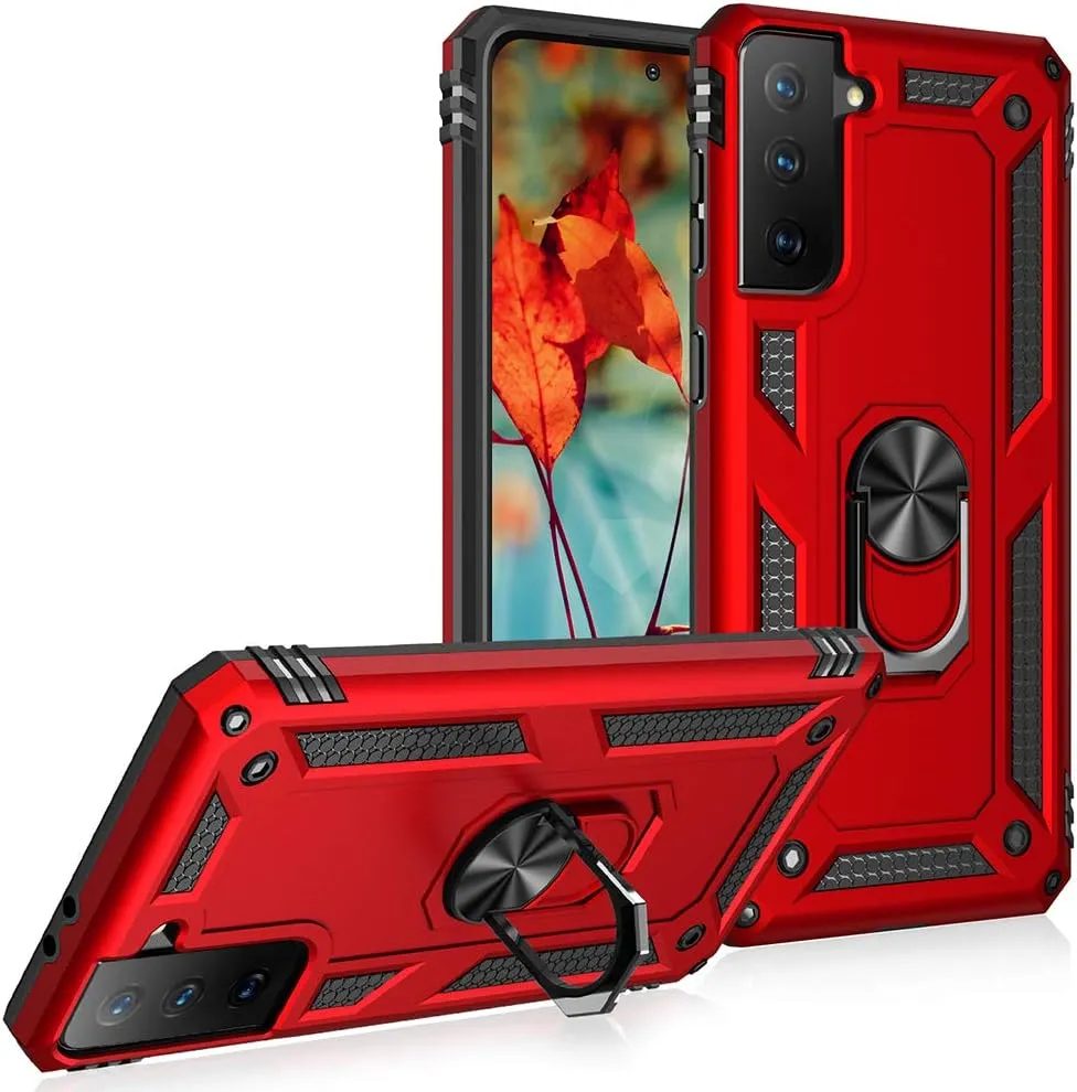 Military Grade Drop Impact Case for Samsung Galaxy S21 Plus 5G - 360 Metal Rotating Ring Kickstand Holder - Armor Heavy Duty Shockproof - Red