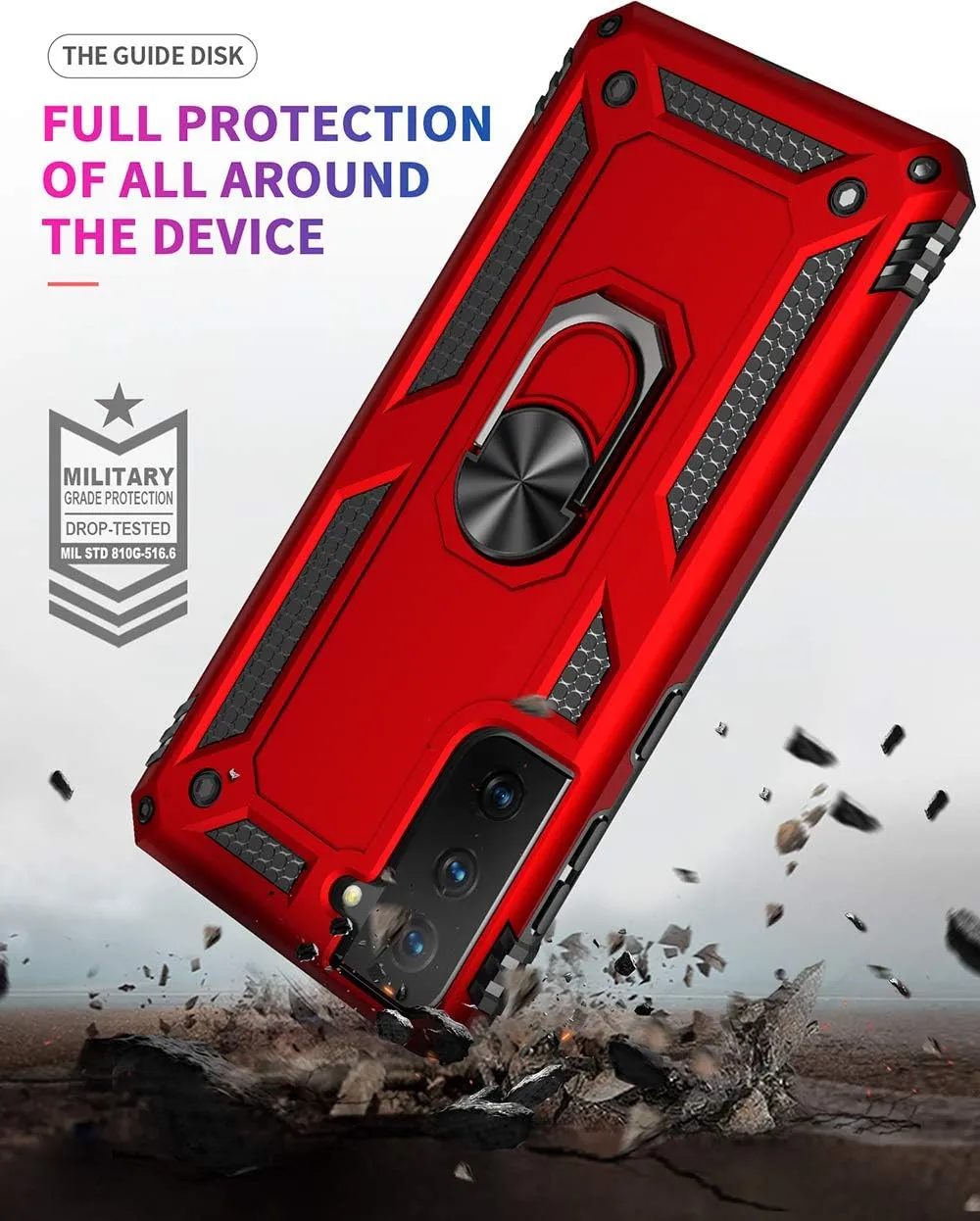 Military Grade Drop Impact Case for Samsung Galaxy S21 Plus 5G - 360 Metal Rotating Ring Kickstand Holder - Armor Heavy Duty Shockproof - Red