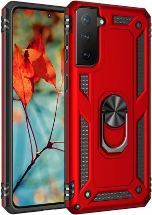 Military Grade Drop Impact Case for Samsung Galaxy S21 Plus 5G - 360 Metal Rotating Ring Kickstand Holder - Armor Heavy Duty Shockproof - Red
