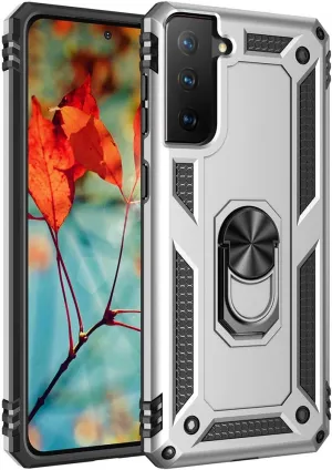 Military Grade Drop Impact Case for Samsung Galaxy S21 Plus 5G - 360 Metal Rotating Ring Kickstand Holder - Armor Heavy Duty Shockproof - Silver