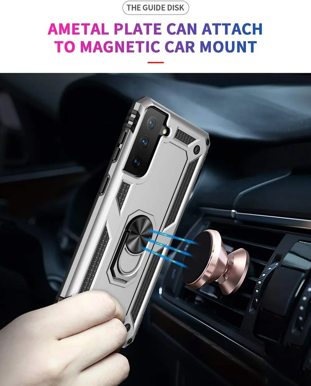 Military Grade Drop Impact Case for Samsung Galaxy S21 Plus 5G - 360 Metal Rotating Ring Kickstand Holder - Armor Heavy Duty Shockproof - Silver