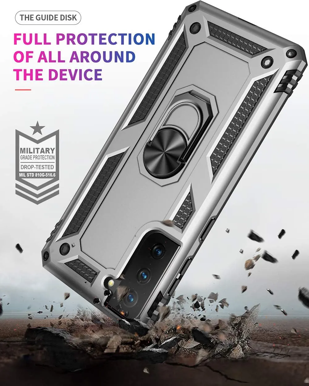 Military Grade Drop Impact Case for Samsung Galaxy S21 Plus 5G - 360 Metal Rotating Ring Kickstand Holder - Armor Heavy Duty Shockproof - Silver