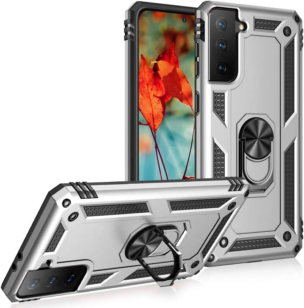 Military Grade Drop Impact Case for Samsung Galaxy S21 Plus 5G - 360 Metal Rotating Ring Kickstand Holder - Armor Heavy Duty Shockproof - Silver