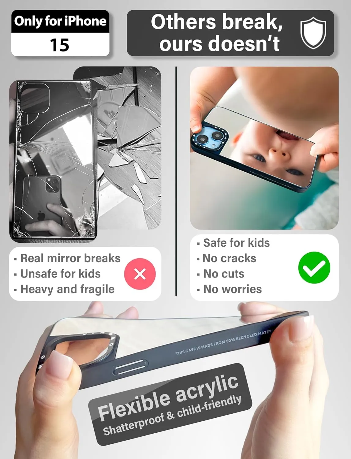 Mirror Case (for iPhone 15) with Screen Protectors (2 Pack), Shockproof Soft Corners, Bye Bye Pocket Mirror, Cute Slim case for Girls, Womens