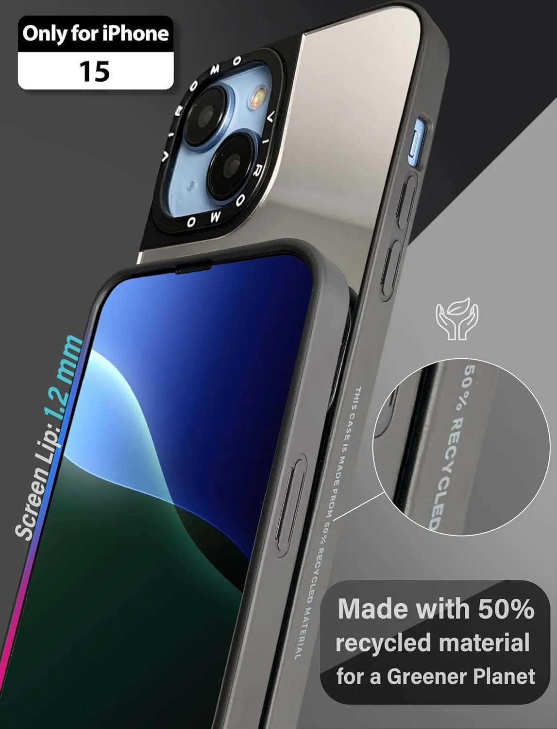 Mirror Case (for iPhone 15) with Screen Protectors (2 Pack), Shockproof Soft Corners, Bye Bye Pocket Mirror, Cute Slim case for Girls, Womens