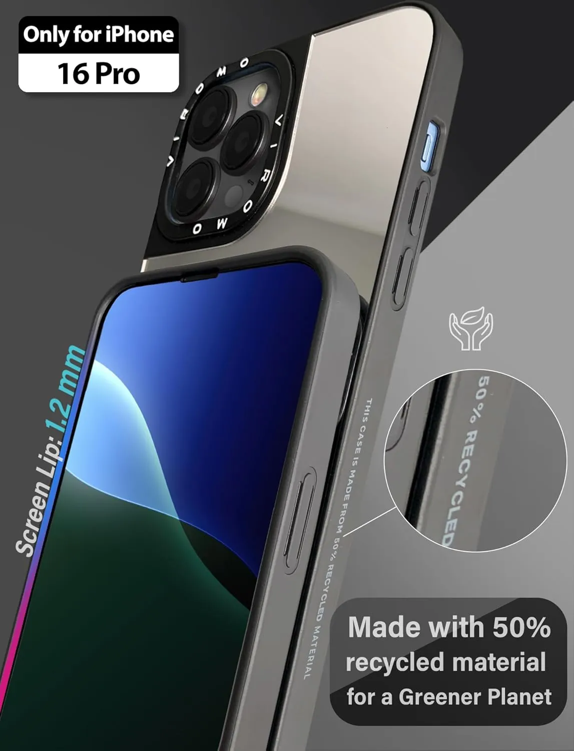 Mirror Case (for iPhone 16 Pro) with Screen Protectors (2 Pack), Shockproof Soft Corners, Bye Bye Pocket Mirror, Cute Slim case for Girls, Womens