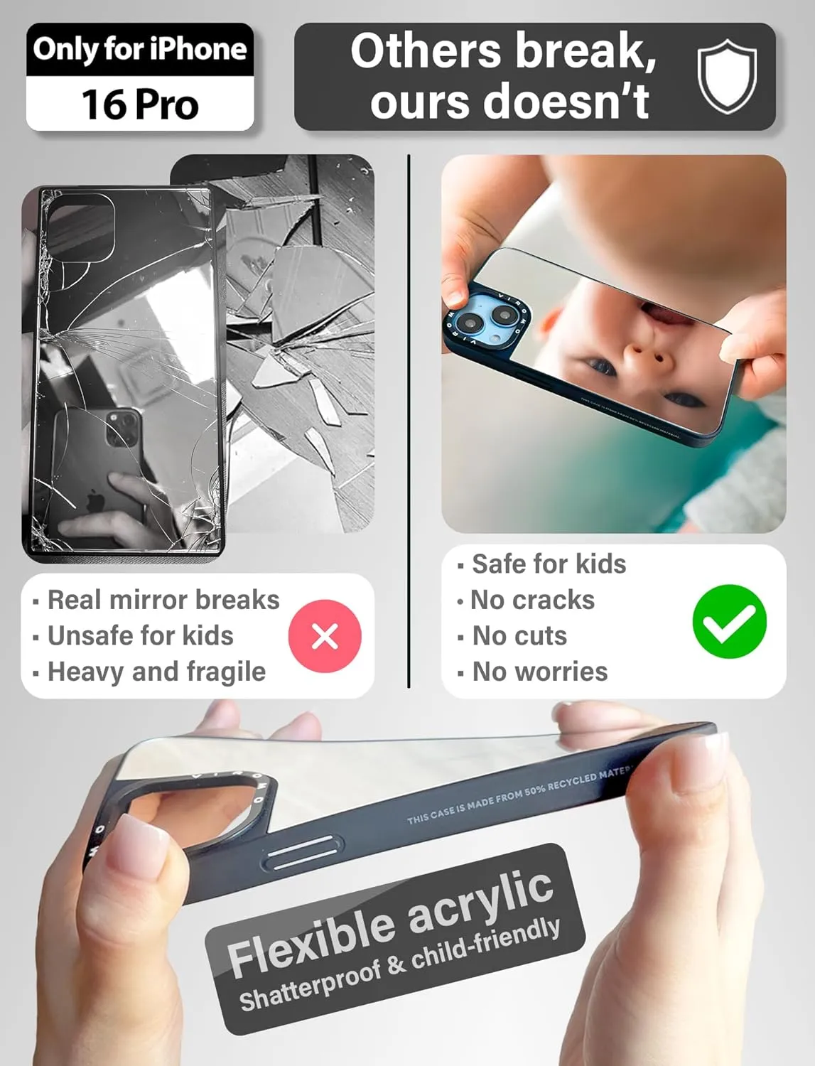 Mirror Case (for iPhone 16 Pro) with Screen Protectors (2 Pack), Shockproof Soft Corners, Bye Bye Pocket Mirror, Cute Slim case for Girls, Womens