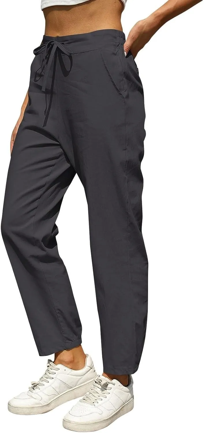 Miyaomn Womens Linen Pants for Summer Drawstring Elastic High Waist Casual Pants Loose Fit Beach Lounge Trousers with Pockets