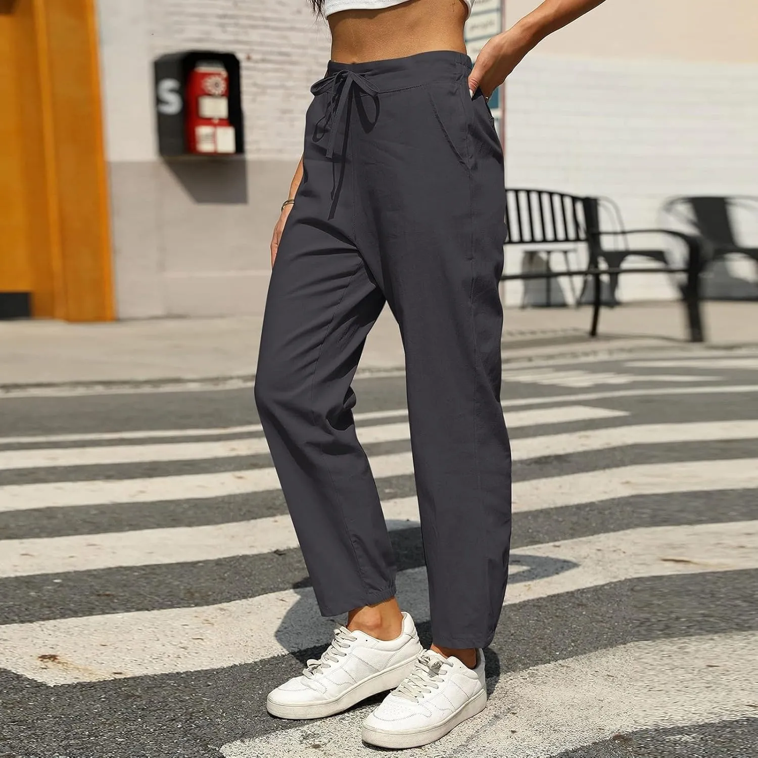 Miyaomn Womens Linen Pants for Summer Drawstring Elastic High Waist Casual Pants Loose Fit Beach Lounge Trousers with Pockets