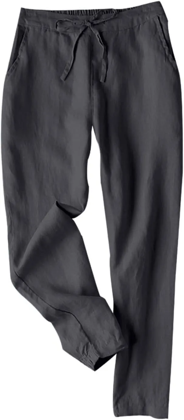 Miyaomn Womens Linen Pants for Summer Drawstring Elastic High Waist Casual Pants Loose Fit Beach Lounge Trousers with Pockets