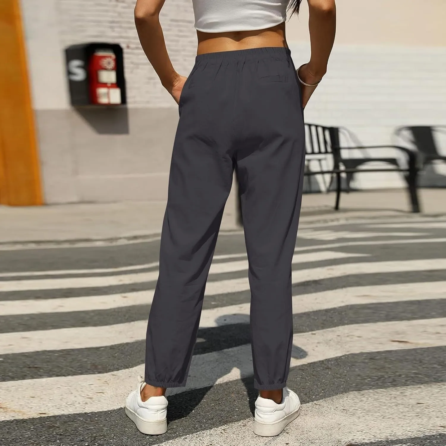 Miyaomn Womens Linen Pants for Summer Drawstring Elastic High Waist Casual Pants Loose Fit Beach Lounge Trousers with Pockets