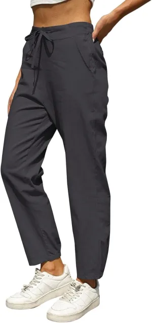 Miyaomn Womens Linen Pants for Summer Drawstring Elastic High Waist Casual Pants Loose Fit Beach Lounge Trousers with Pockets