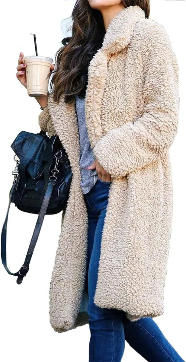 Mmoneyake Women Oversized Sherpa Jackets Fashion Winter Coats Fuzzy Fleece Lapel Open Front Long Cardigan Warm Outerwear 2024