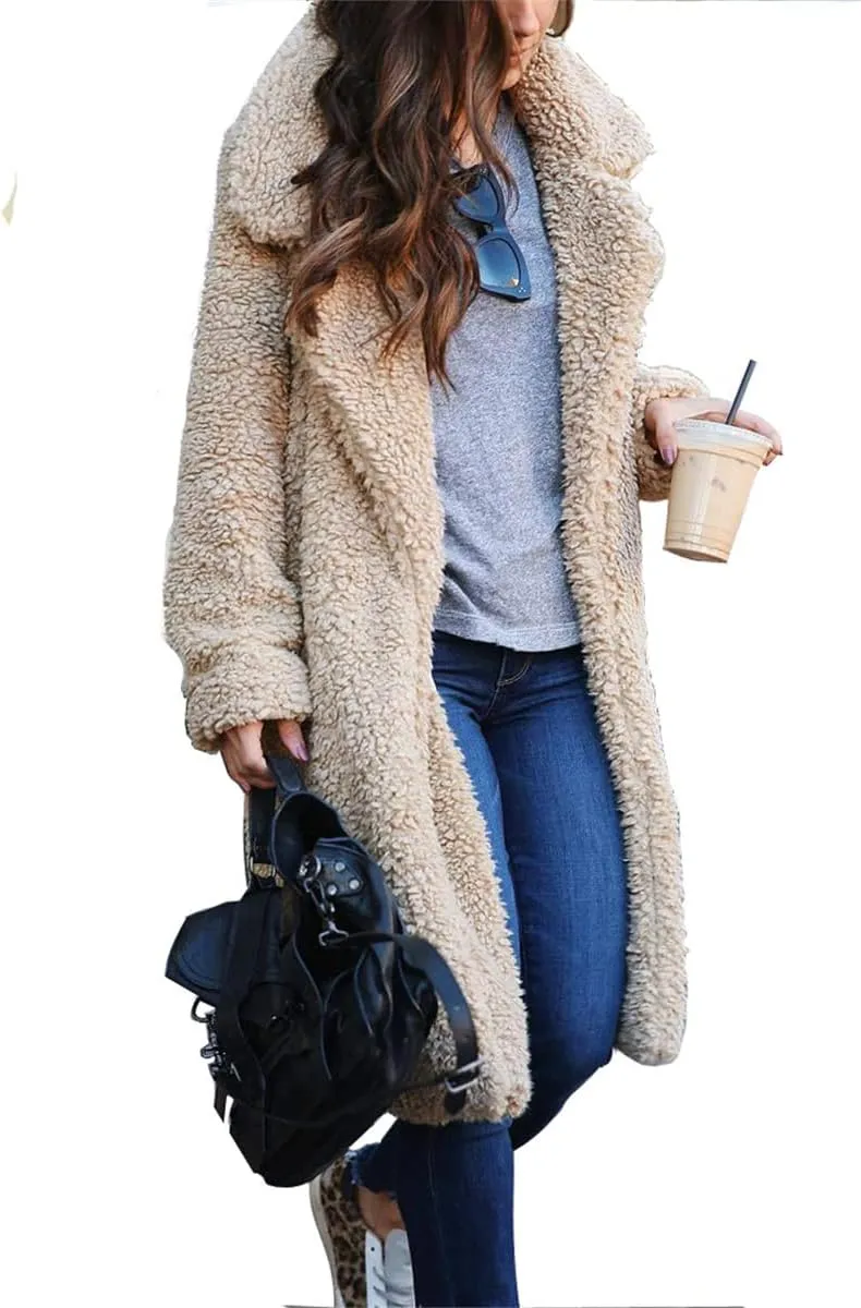 Mmoneyake Women Oversized Sherpa Jackets Fashion Winter Coats Fuzzy Fleece Lapel Open Front Long Cardigan Warm Outerwear 2024