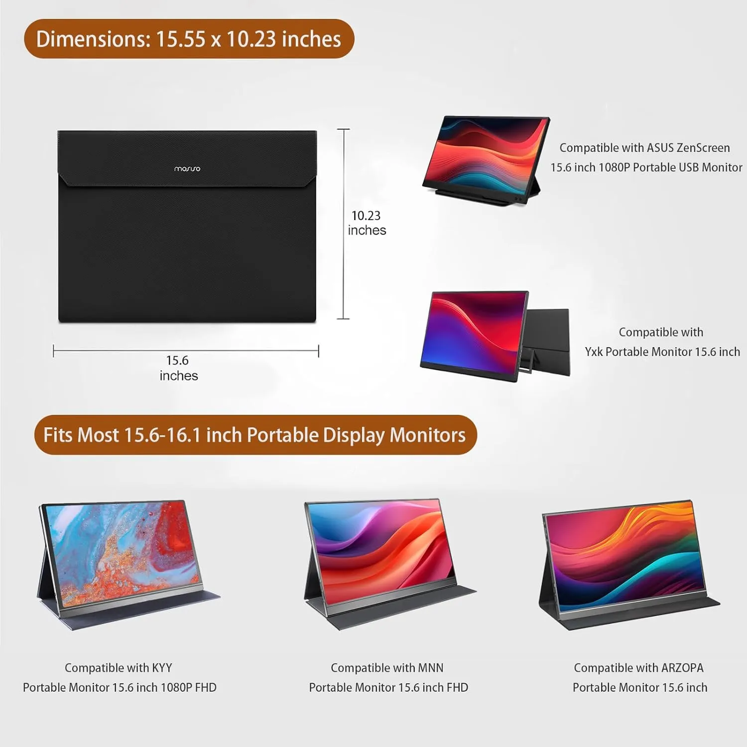 MOSISO Portable Monitor Sleeve 16.1 inch, Carrying Case for 15.6-16.1 inch Portable Displays, Laptop Display Bag with Front Pocket, PU Leather Case for Travel Monitor, Black
