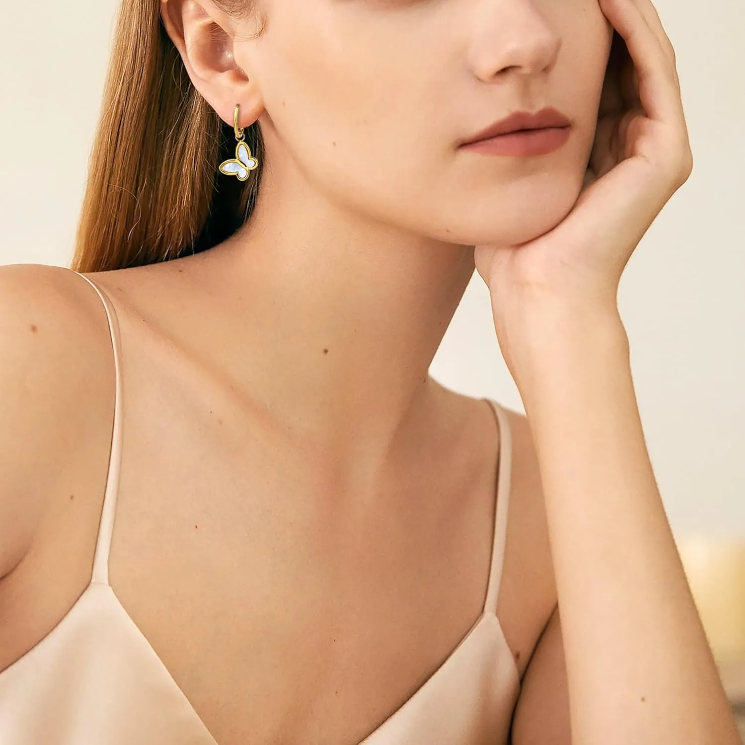 Mother of Pearl Earrings for Women Gold Plated Dainty Butterfly Flower Clover Star Heart Stud Earrings White Shell Cute Earrings for Women Girls Gold Pearl Drop Earrings
