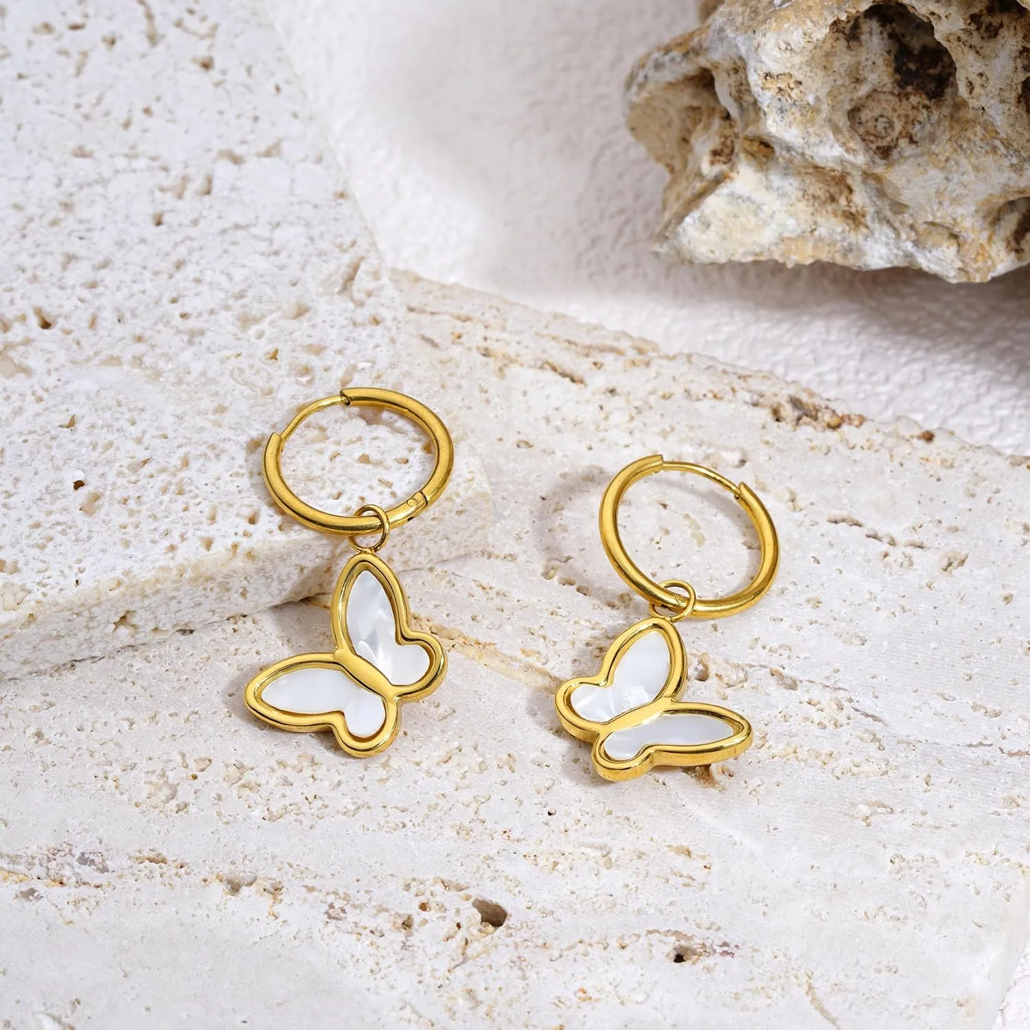 Mother of Pearl Earrings for Women Gold Plated Dainty Butterfly Flower Clover Star Heart Stud Earrings White Shell Cute Earrings for Women Girls Gold Pearl Drop Earrings