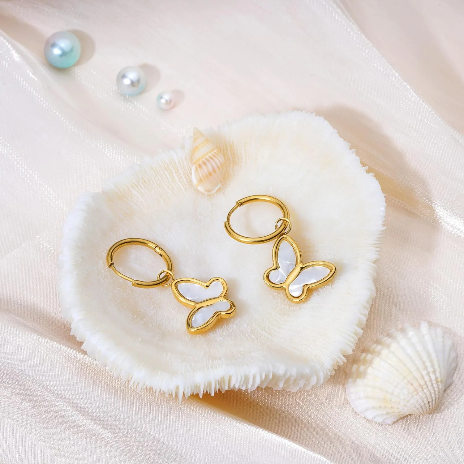 Mother of Pearl Earrings for Women Gold Plated Dainty Butterfly Flower Clover Star Heart Stud Earrings White Shell Cute Earrings for Women Girls Gold Pearl Drop Earrings