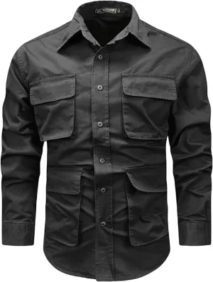 Muscularfit Cotton Shirts Jackets for Men 2024 Fashion Solid Multi Pockets Cargo T-Shirt Casual Long Sleeve Button Sweatshirt
