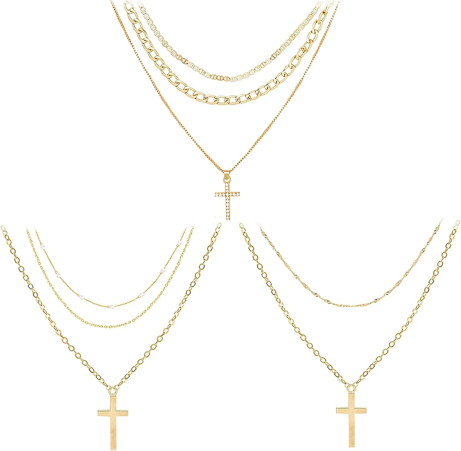 NEWITIN 3 Pieces Cross Necklaces for Men Gold Plated Layered Choker Necklaces Simple Stackable Cross Pendant Religious Gold Cross Chain Necklace for Women Men