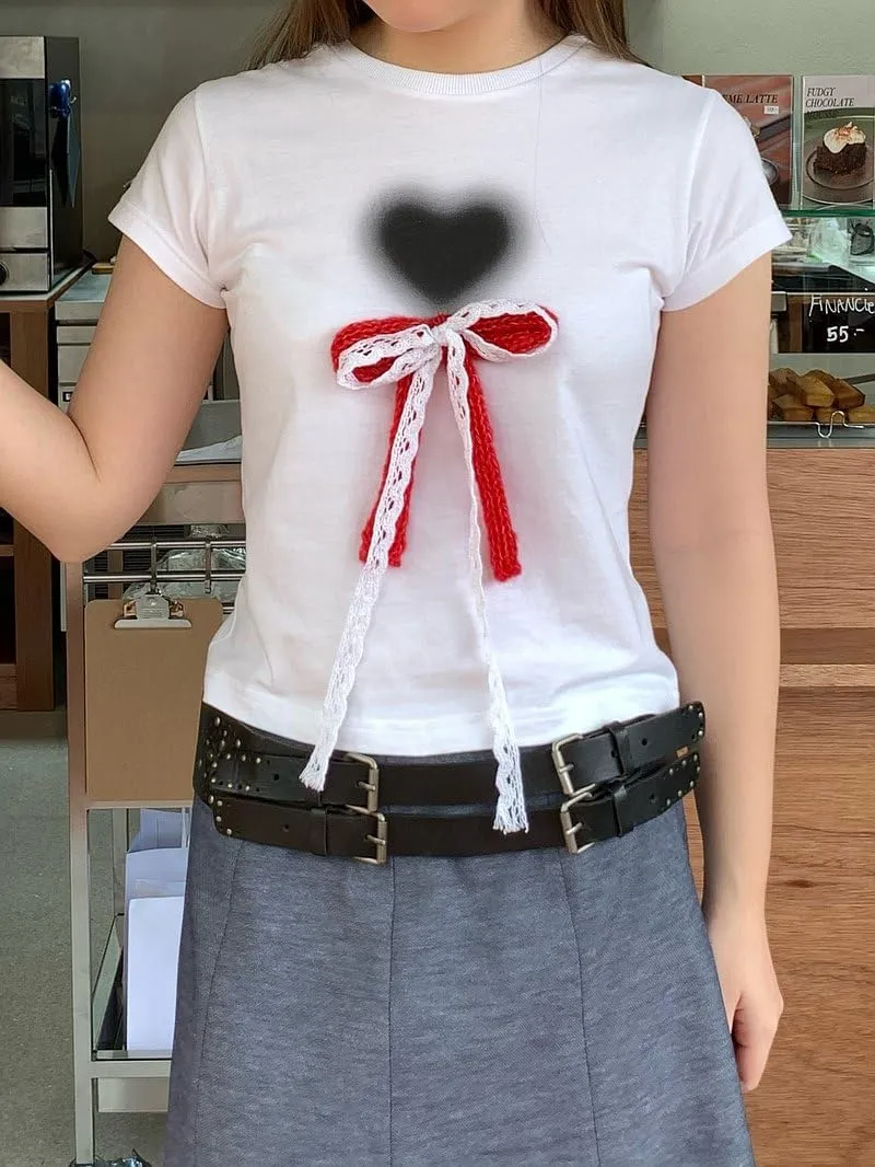 NUFIWI Womens Short Sleeve Graphic Baby Tees Y2k Bow Print T Shirt Crop Top E Girls Cute Aesthetic Clothes Summer