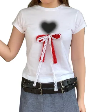NUFIWI Womens Short Sleeve Graphic Baby Tees Y2k Bow Print T Shirt Crop Top E Girls Cute Aesthetic Clothes Summer